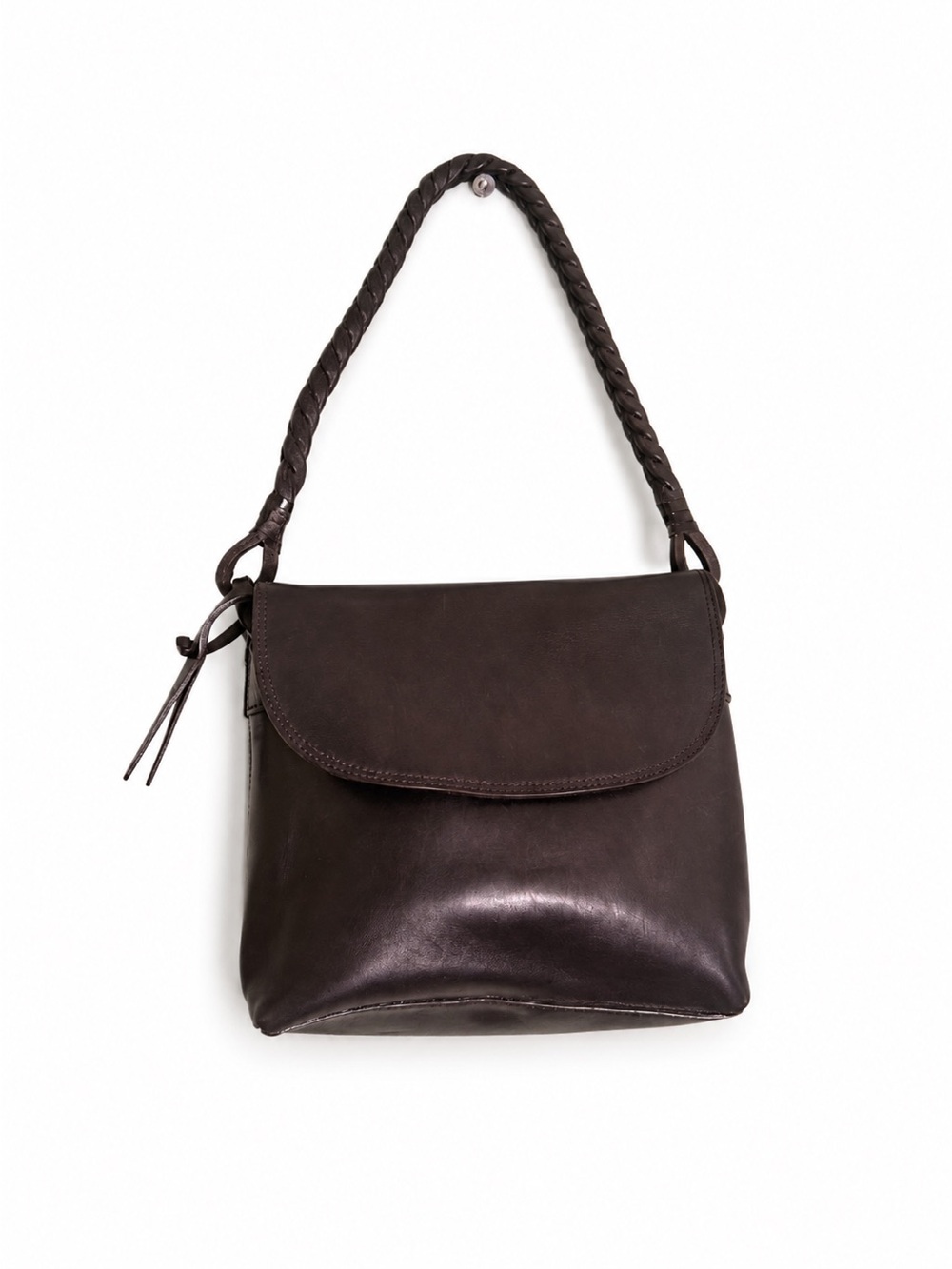 Vtg. Ralph Lauren Black Leather Shoulder Bag Braided Strap Boho Minimalist Purse
